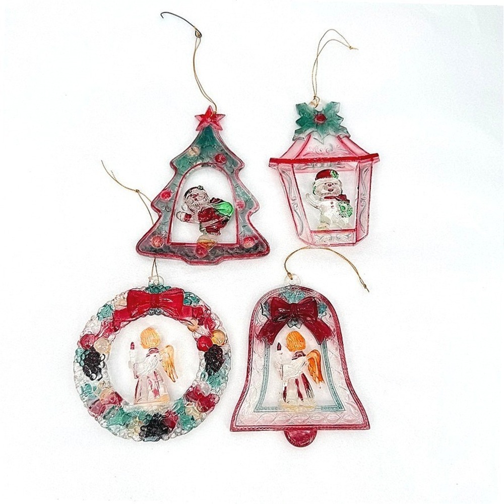 Clear Lucite Acrylic Christmas Ornament Set of 4 Melted Vintage Holiday Retro